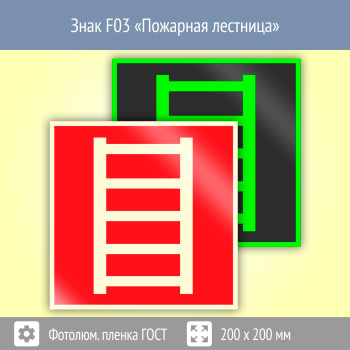 Знак F03 «Пожарная лестница» (фотолюминесцентная пленка ГОСТ 34428-2018, 200х200 мм)